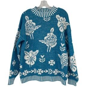 Glamour Knit Vintage 80s Blue White Flowers Sweater Large 80s 90s Ugly Christmas